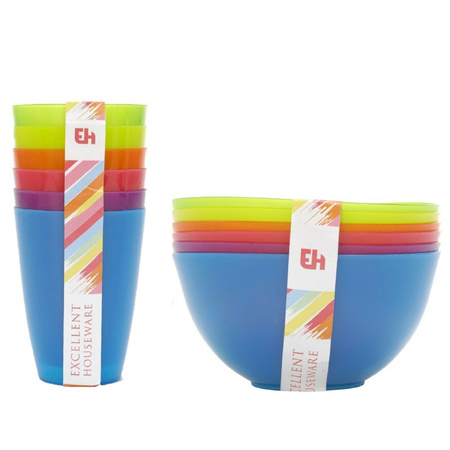 Colored drinking cups and bowls of 12-piece plastic