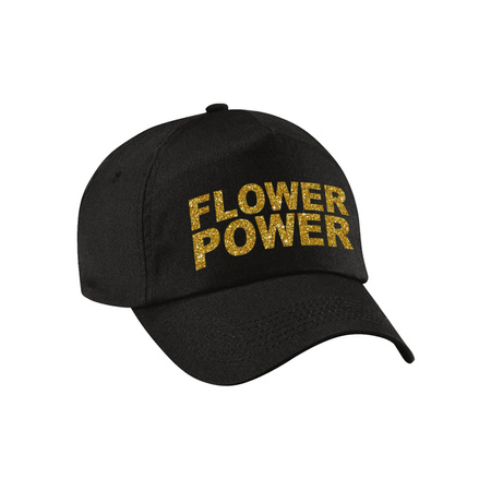 Flower power dress up cap black with golden glitter letters for adults