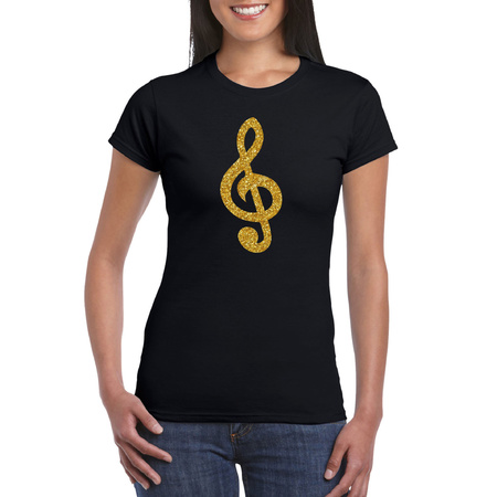 Gouden muziek noot G-sleutel / muziek feest t-shirt / kleding zwart dames