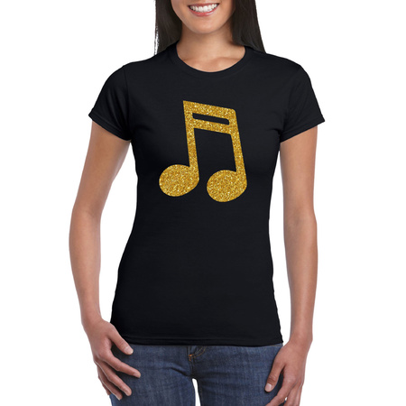 Gouden muziek noot / muziek feest t-shirt / kleding zwart dames