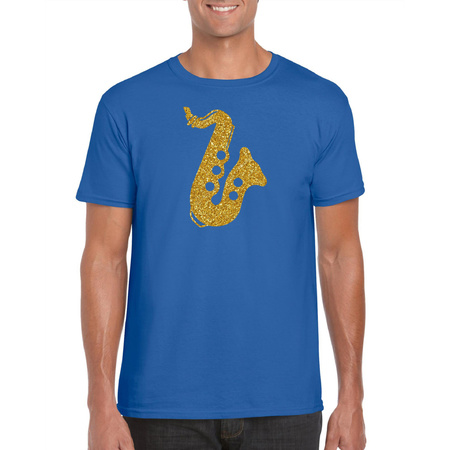 Gouden saxofoon / muziek t-shirt / kleding blauw heren