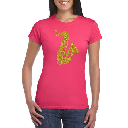 Gouden saxofoon / muziek t-shirt / kleding roze dames