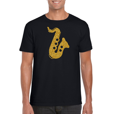 Gouden saxofoon / muziek t-shirt / kleding zwart heren