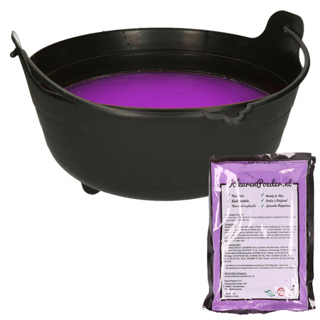 Halloween witch cauldron/cooking pot black - 28 cm - incl. purple color powder