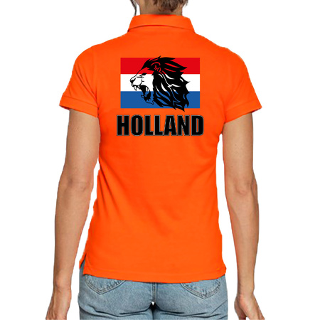 Orange supporter poloshirt Holland with lion and dutch flag for women