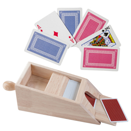 Houten Blackjack kaartgever/slof met handvat 28 x 11,5 x 9,5 cm inclusief 4x sets speelkaarten