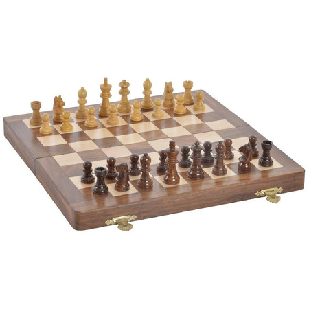 Houten schaakspel in kist/koffer 25 x 25 cm