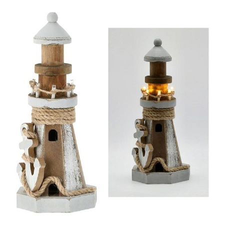 Houten/witte vuurtoren beeldje met LED lampjes 25 cm maritieme decoratie