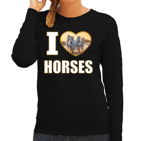 I love horses sweater / trui met dieren foto van een wit paard zwart voor dames