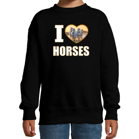 I love horses sweater / trui met dieren foto van een wit paard zwart voor kinderen