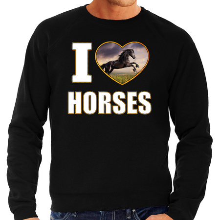 I love horses sweater / trui met dieren foto van een zwart paard zwart voor heren