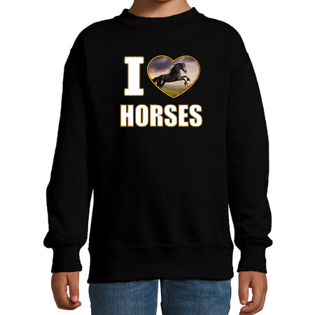 I love horses sweater / trui met dieren foto van een zwart paard zwart voor kinderen