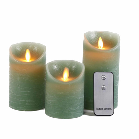 Round candle tray silver made of plastic D27 cm with 3 jade green LED candles 10/12.5/15 cm