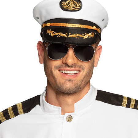 Carnaval ship captain hat in size 60 cm - with dark sunglasses - white - for men/woman