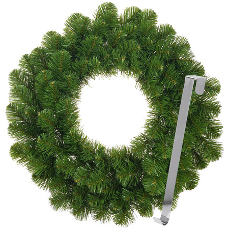 Kerstkrans 45 cm - groen - met zilveren hanger/ophanghaak - kerstversiering