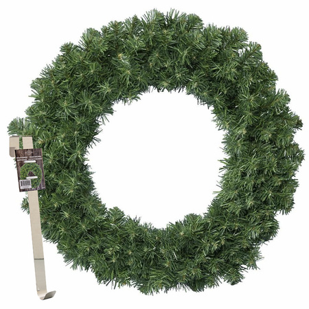 Kerstkrans 60 cm - groen - met messing zilveren hanger/ophanghaak - kerstversiering