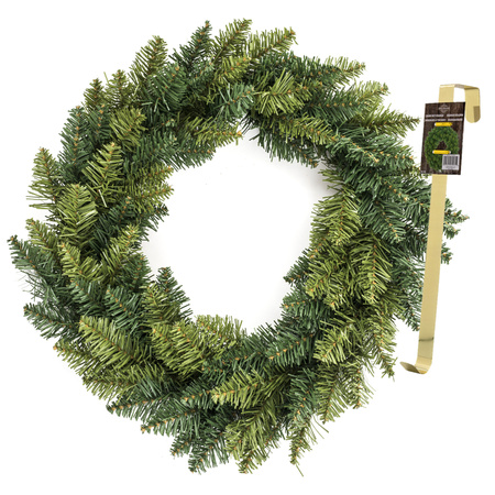 Kerstkrans/dennenkrans - groen - incl. hanger 27 cm - D40 cm - kunststof