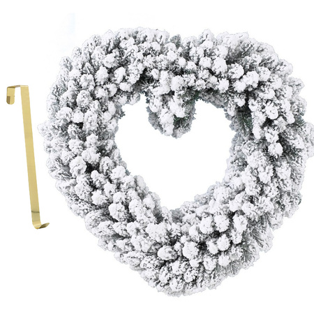 Kerstkrans hart vorm met sneeuw 50 cm kunststof incl. deurhanger
