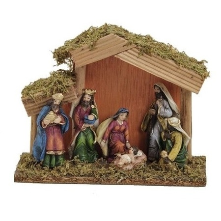 Nativity scene including 6 statues and background 20 cm