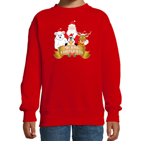 Christmas sweater red with a Santa Claus and friends for kids