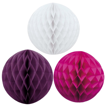 Christmas deco set 3x paper baubles 10 cm white aubergine and fuchsia pink