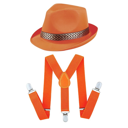 Toppers - Koningsdag/Sport verkleed set compleet - hoedje en bretels - oranje - heren/dames