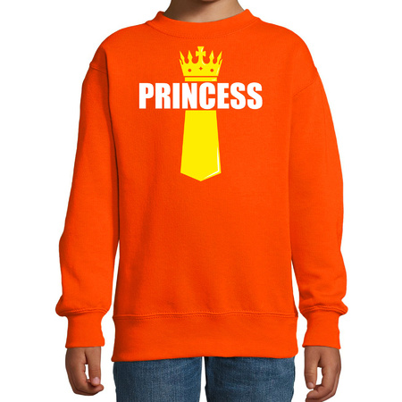 Koningsdag sweater / trui Princess met kroontje oranje voor kinderen