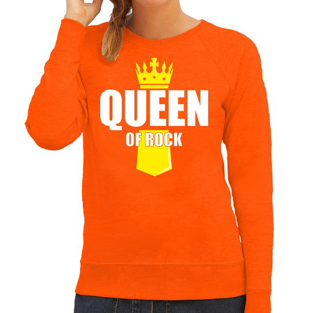 Koningsdag sweater / trui Queen of rock met kroontje oranje voor dames