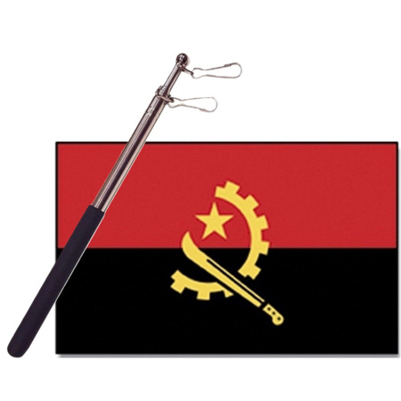 Country flag Angola - 90 x 150 cm - with compact telescoop stick - waveflags for supporters