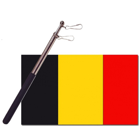 Country flag Belgium - 90 x 150 cm - with compact telescoop stick - waveflags for supporters