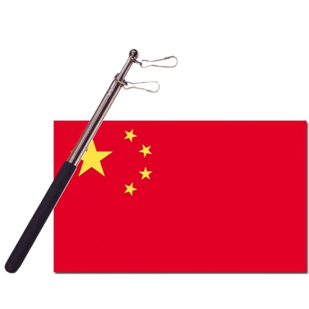 Country flag China - 90 x 150 cm - with compact telescoop stick - waveflags for supporters