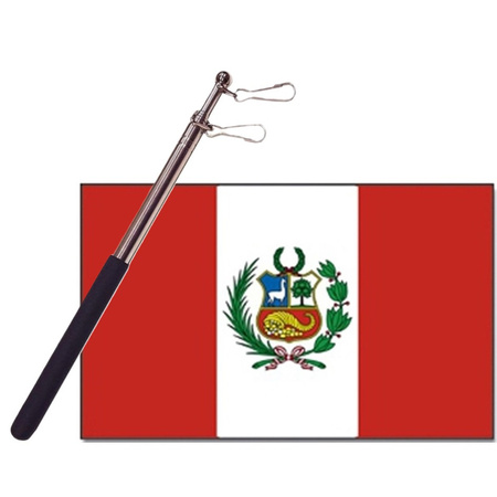 Country flag Peru - 90 x 150 cm - with compact telescoop stick - waveflags for supporters