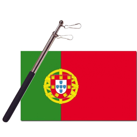 Landen vlag Portugal - 90 x 150 cm - met compacte draagbare telescoop vlaggenstok - supporters