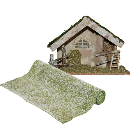Lege kerststal - L42 x B19 H30 cm - incl. gras ondergrond/achtergrond - besneeuwd