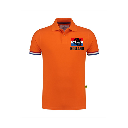 Luxe Holland supporter poloshirt oranje met leeuw en vlag op borst 200 grams heren tijdens EK / WK