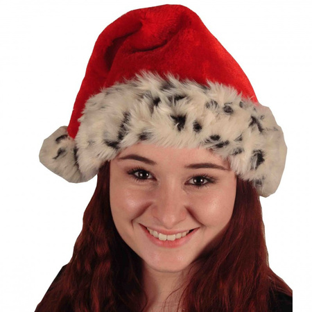 Luxury plush Christmas hat red with leopard print for adults