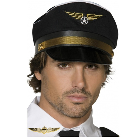 Carnaval aircraft Pilot set - hat - black - with golden wings pin/broche - for men/woman