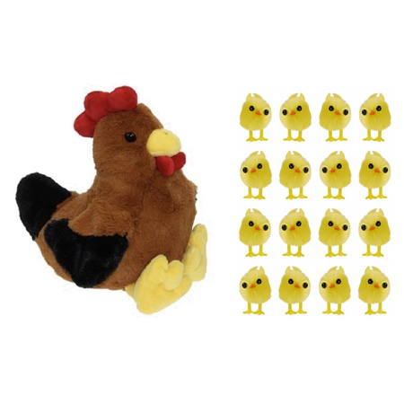 Soft toy chicken/rooster brown 25 cm with 16x mini chicklets