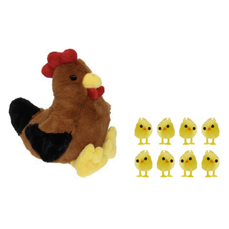 Soft toy chicken/rooster brown 25 cm with 8x mini chicklets