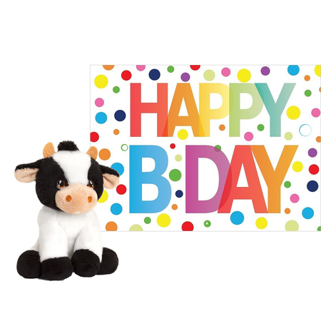 Plush soft toy animal cow 12 cm and Happy Birthday postcard