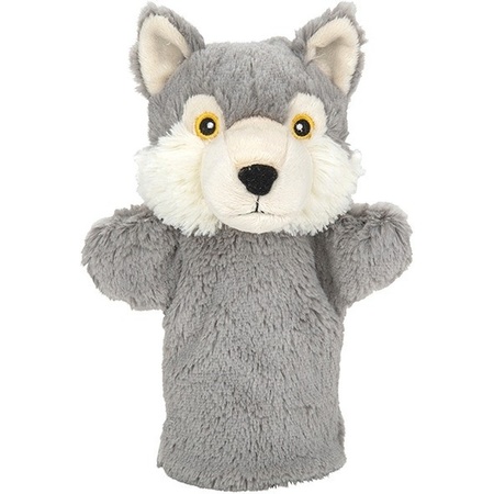Plush grey wolf hand puppet 24 cm cuddle toy