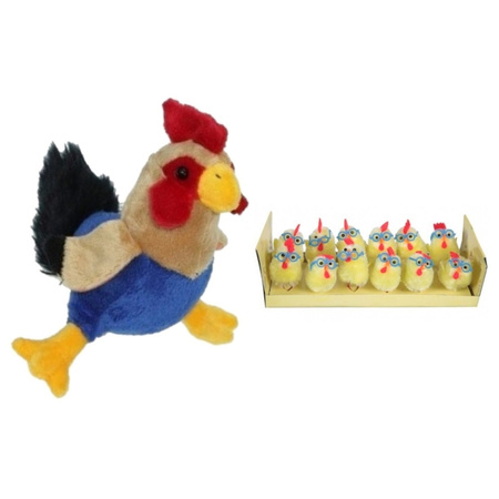 Soft toy chicken/rooster 20 cm with 12x mini chicklets with glasses 4,5 cm