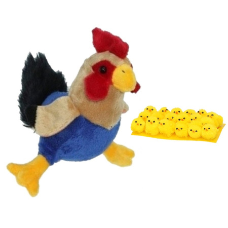 Pluche kippen/hanen knuffel van 20 cm met 18x stuks mini kuikentjes 3 cm