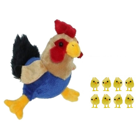 Soft toy chicken/rooster 20 cm with 8x mini chicklets 3 cm