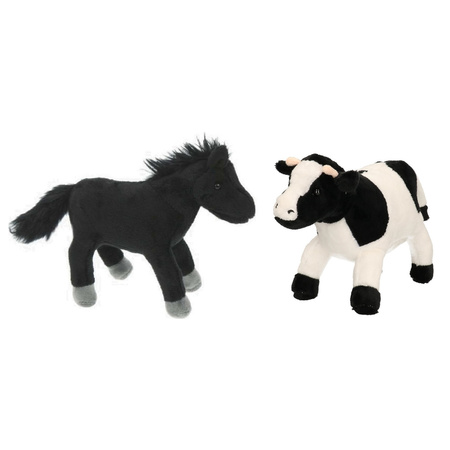 Pluche knuffel boerderijdieren set Koe en Paard van 20 cm