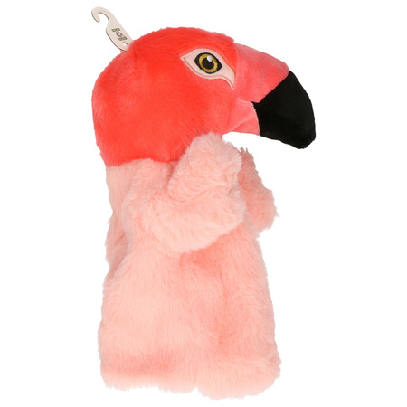 Pluche poppenkast handpop flamingo knuffel van 24 cm