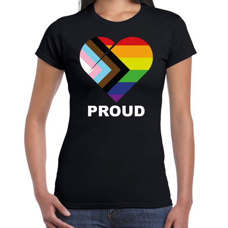 Proud progress pride vlag hartje / LHBT t-shirt zwart voor dames