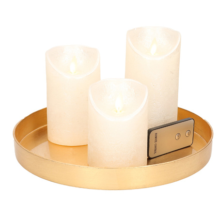 Ronde kaarsenplateau goud van kunststof D27 cm met 3 parel witte LED-kaarsen 10/12,5/15 cm