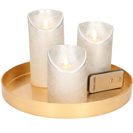 Round candle tray gold made of plastic D27 cm with 3 silver LED candles 10/12.5/15 cm