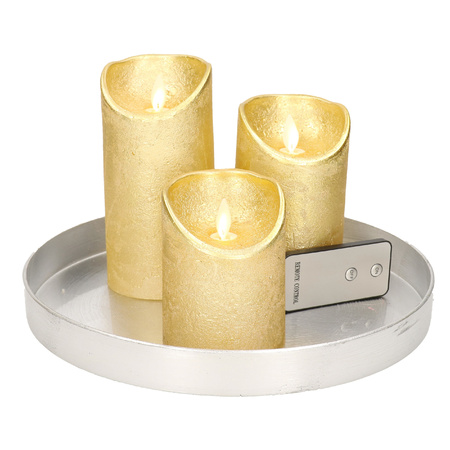 Ronde kaarsenplateau zilver van kunststof D27 cm met 3 gouden LED-kaarsen 10/12,5/15 cm